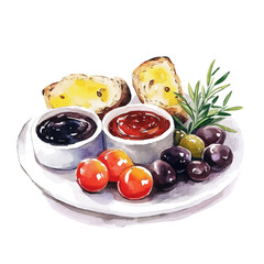 My Watercolor illustration with jam and fruits on plate painting isolated on a white background, illustration, AI painting design, vector set, eps format, My illustration design