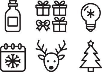 Festive Black and White Christmas Icons Arranged Neatly, Featuring Presents, a Reindeer, a Christmas Tree, and More