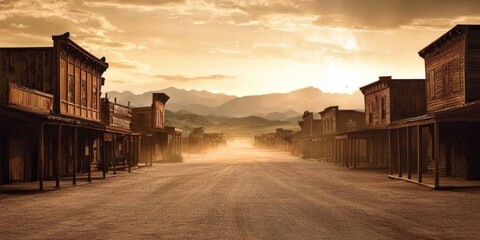 Wooden structures line a dusty thoroughfare in this nostalgic scene.