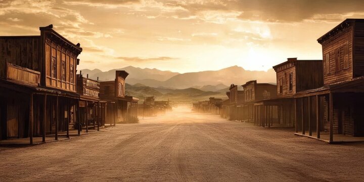 Wooden structures line a dusty thoroughfare in this nostalgic scene. - Powered by Adobe