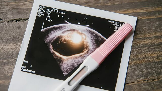 Ultrasound image and positive pregnancy test on wooden surface