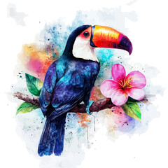 My Watercolor illustration with toucan on branch painting isolated on a white background, illustration, AI painting design, vector set, eps format, My illustration design © Zizak