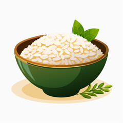 A vibrant illustration of a bowl of cooked rice, garnished with fresh leaves.