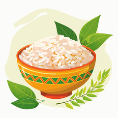 A bowl of cooked rice, garnished with fresh green leaves, sits on a light background.