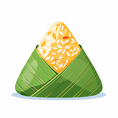 A close-up illustration of a traditional triangular rice dumpling wrapped in green leaves.