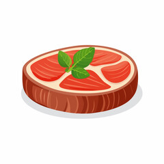 Cartoon illustration of a slice of meat with a basil leaf on top, presented on a white background.