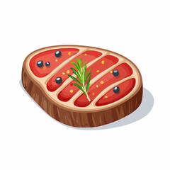 A stylized illustration of a cooked steak, seasoned with herbs and spices.