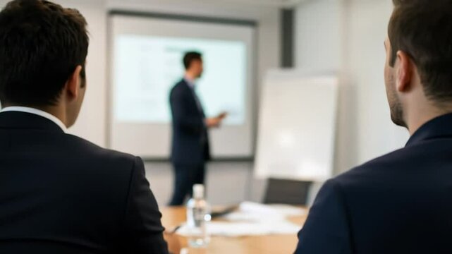 A colleague s shoulder appears sharply focused in foreground as office meeting is seen through 50mm lens