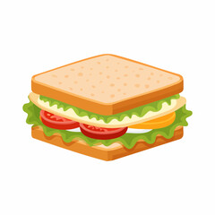 A square sandwich, filled with lettuce, tomato, egg, and cheese, displayed on a white background.