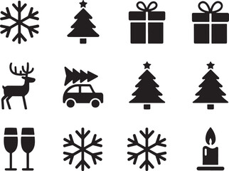 Festive Holiday Icons Featuring Snowflakes, Christmas Trees, Presents, Reindeer, Car with Tree, Champagne Glasses and Candle