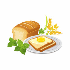A loaf of bread, toast with egg, and fresh herbs arranged on a plate.