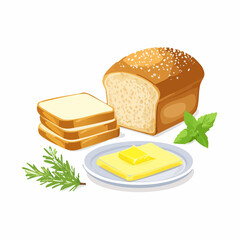 Illustration of a loaf of bread, slices, butter on a plate, rosemary, and mint.