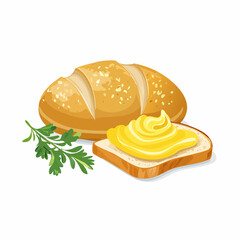 A loaf of bread with slices topped with butter, and fresh herbs, displayed on a white background.