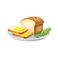 Buttered toast and loaf of bread served on a plate with rosemary sprig.