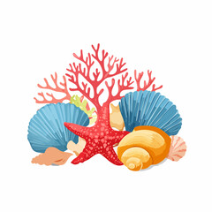 Vibrant coral reef illustration, showcasing a detailed, colorful branching coral structure against a white background.