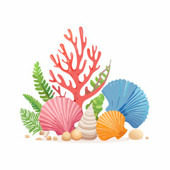 Colorful illustration of various seashells, coral, and seaweed on sand.