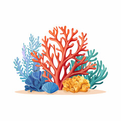 Illustration of colorful coral reef with red, blue, yellow, and green corals, and a blue seashell on sand.