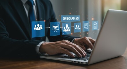 Obraz premium Businessman Managing Onboarding Process – Virtual Employee Interface on Laptop , Onboarding, Employee onboarding, Businessman, Digital onboarding, HR management, Virtual onboarding, Laptop interface, 