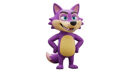 Obraz premium Cartoon purple wolf character hands on hips