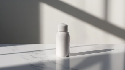 Empty White Bottle on Marble Surface with Sunlight Shadows