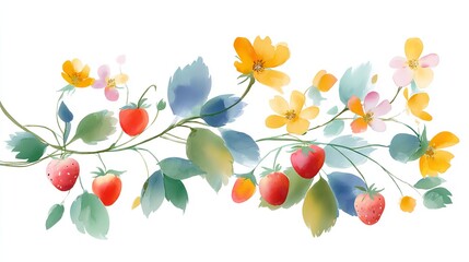 Delicate watercolor painting of ripe strawberries and blossoming wildflowers swaying gently in summer rendered in pastel