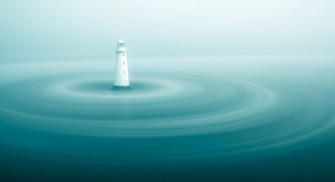 Minimalist Lighthouse in Tranquil Teal Water with Gentle Ripples - Serene Guiding Light Concept