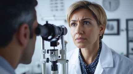 Female Doctor Performing Eye Examination on Male Patient in Medical Office