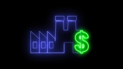 Neon light effect animation of a factory icon with a money sign - Powered by Adobe