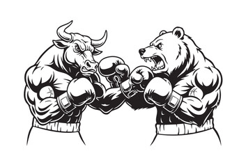 Vector illustration of a bull and a bear boxing, symbolizing market forces.