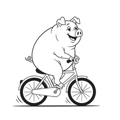 Vector illustration of a fat pig riding a bicycle with a happy expression.