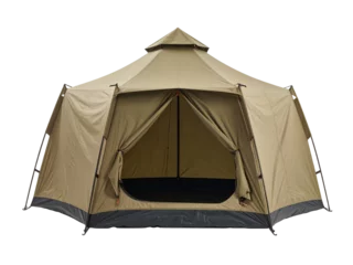 Fotobehang Tan dome tent open on a white background. Ideal for outdoor product advertisements, camping brochures, and travel website banners. © prodesignassets
