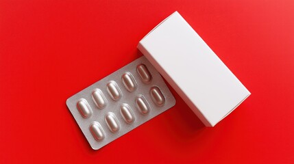 Blank White Supplement Box with Omega-3 Softgels – Top View of Silver Blister Pack Partially Opened – Minimal Medical Packaging Mockup