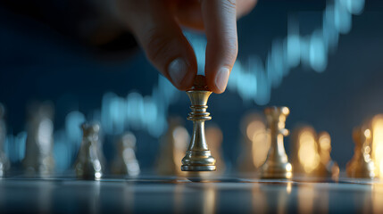 A hand moving a chess queen piece on a chessboard with a graph in the background strategy concept