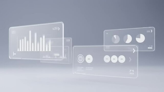 Transparent digital interface displaying various data visualizations with graphs and charts in a modern setting - Powered by Adobe