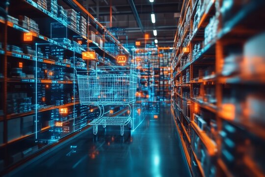 Futuristic shopping cart in aisle of a warehouse, augmented reality, digital display