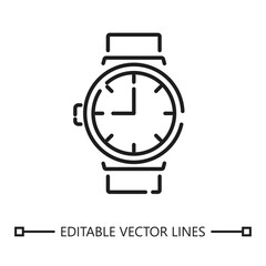 Wristwatch linear icon. Wrist watch icon line drawing suitable for minimalist designs. Perfect for logos, icons, and illustrations in the timepiece industry.