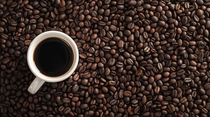 Fototapeta premium White Ceramic Coffee Cup – Top View on Roasted Coffee Beans – Rustic Minimal Composition with Rich Dark Brown Texture