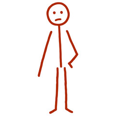 Simple stick figure with a worried expression standing with one hand on hip isolated on transparent background