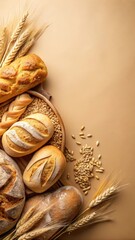 Bread and wheat arrangement on beige background