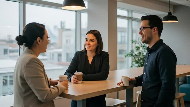 Two or three office colleagues are seen talking informally over coffee cups in company pantry shot with 35mm lens
