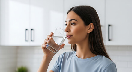 Healthy Hydration: Young Woman Sips Fresh Water from a Glass in a Contemporary Kitchen Setting, Promoting Wellness and Daily Routine