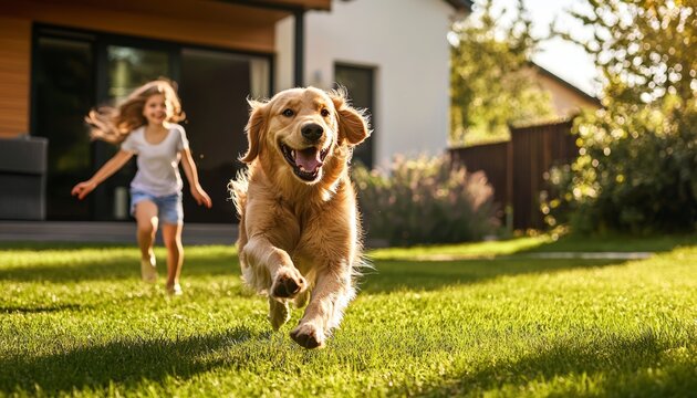 Golden Retriever joyfully playing with children in lush green yard.