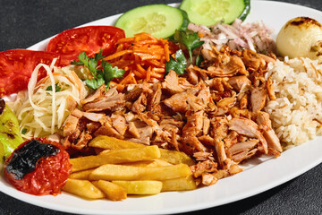 Open shawarma with grilled chicken fillet, vibrant bright lighting, overhead modern flatlay