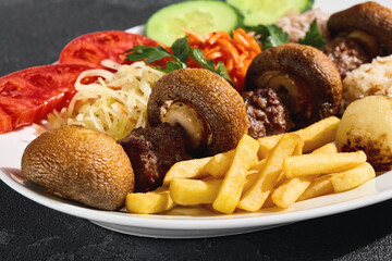 Lamb kebab with mushrooms and fries, rustic bright lighting, closeup composition on plate