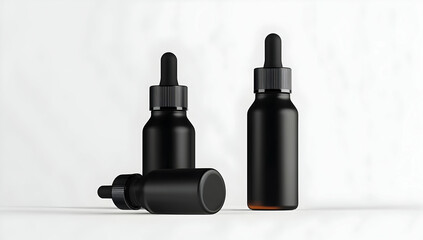 Black dropper bottles on white background