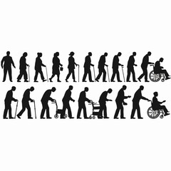 Silhouette set of elderly people with canes and in wheelchairs, interacting with caregivers, walking, and sitting, portraying aging, disability, support, and healthcare on a white background.

