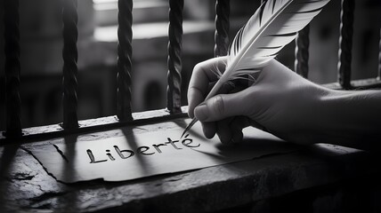 Main Écrivant le Mot Liberté avec une Plume Vintage Derrière des Barreaux de Prison en Noir et Blanc