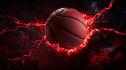 Fiery Basketball flying with Intense Red Thunder. Background for Sports Action, motion