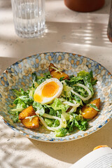 Squid and egg warm salad in bright sunlight, overhead composition with patterned ceramic bowl
