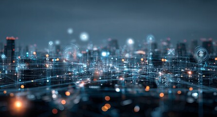 Futuristic Digital Network Cityscape with Data Icons in Night Setting